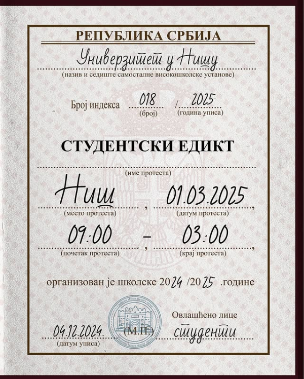 SPREMITE SE ZA 1. MART: Protest u Nišu će trajati 18 sati: Studenti najavili donošenje Studentskog edikta