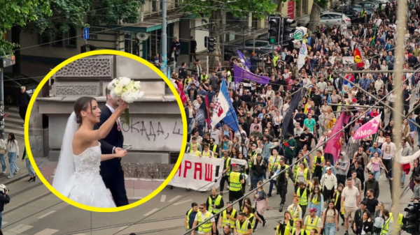 Kolona studenata naišla na mladence kod Pravnog fakulteta: Mladoženja poveo „ko ne skače taj je ćaci“